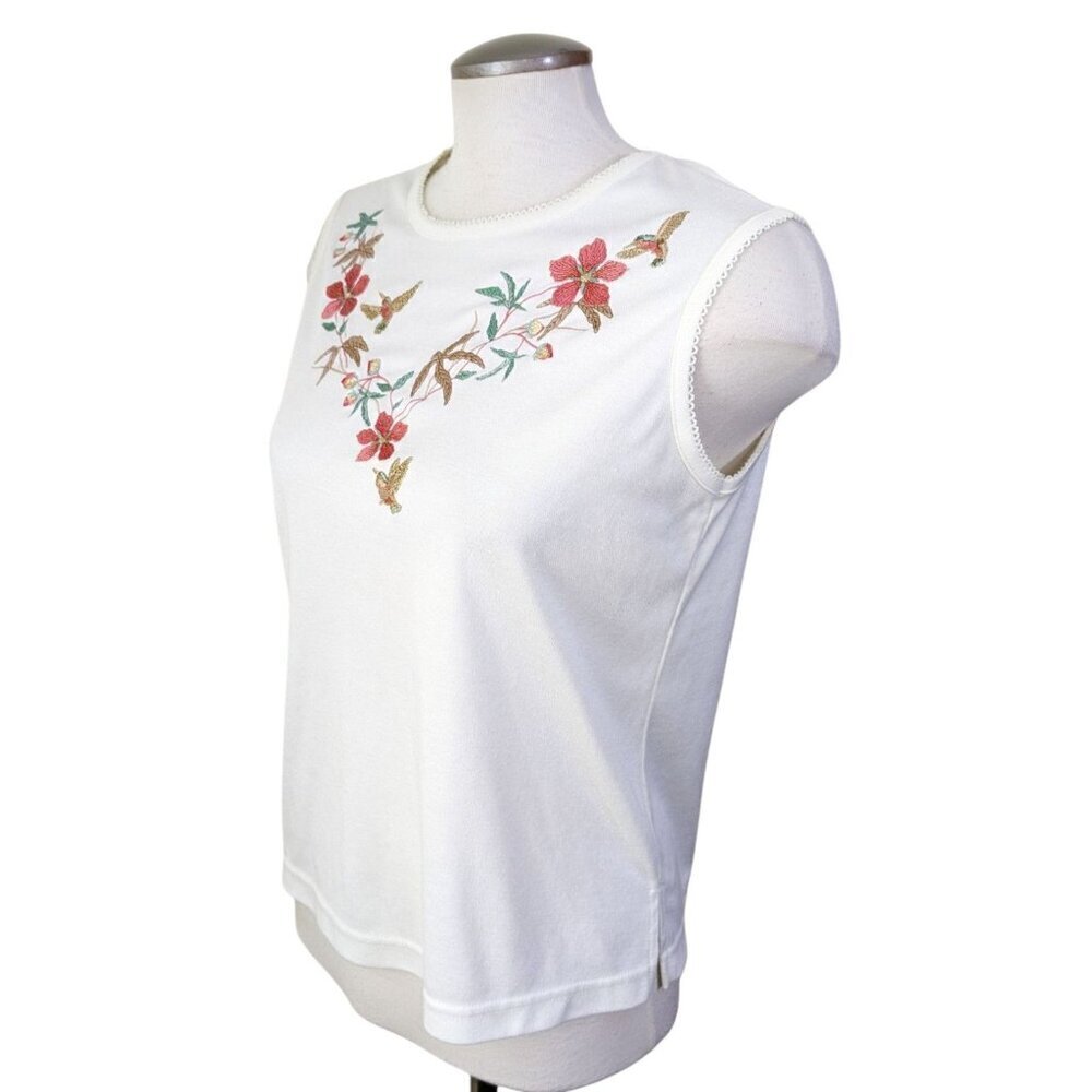 *Vintage Womens Tank Size S Petite Cream Hummingbird Flowers Embroidered - Picture 5 of 7